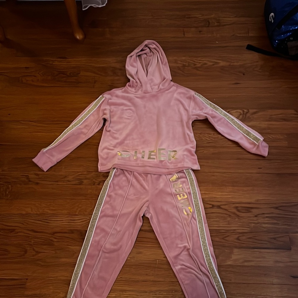 Justice girl velour pink and gold cheer sweat outfit